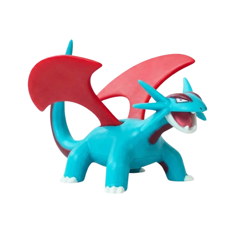 Figurine Drattak Pokémon avec son corps bleu robuste et ses ailes rouges majestueuses.