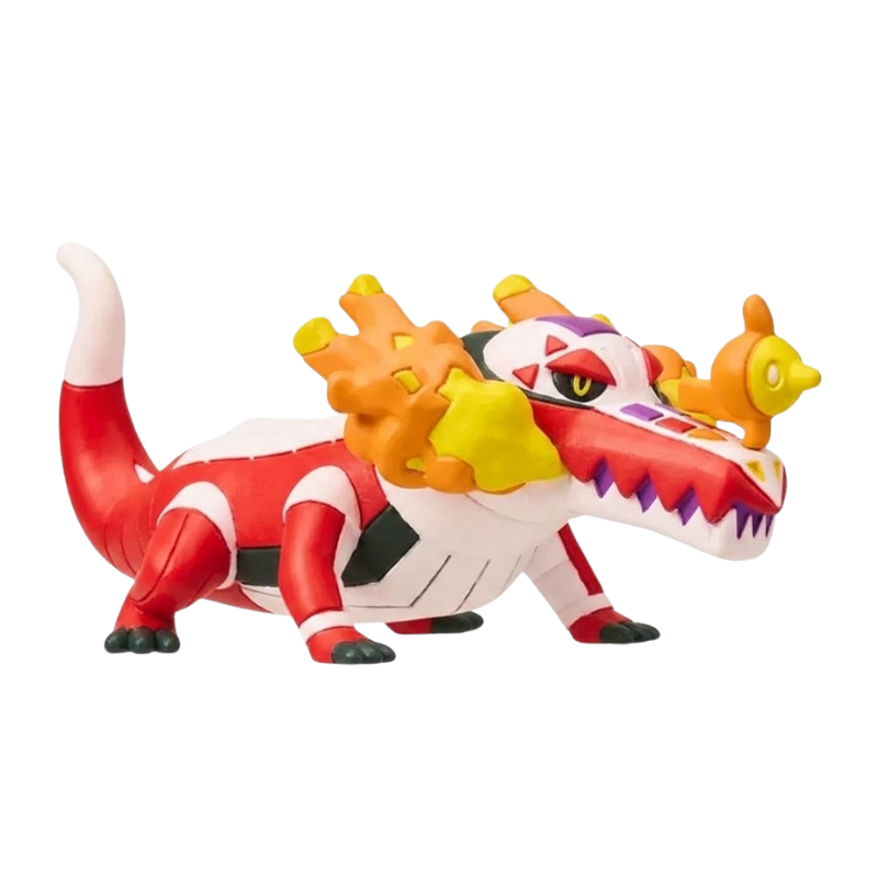 Figurine Flâmigator rouge inspirée du personnage emblématique de l’univers Pokémon.