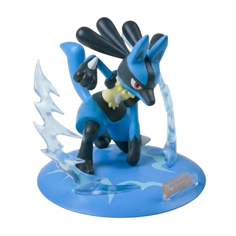 Figurine Lucario Pokémon avec son corps bleu et ses marques noires caractéristiques.