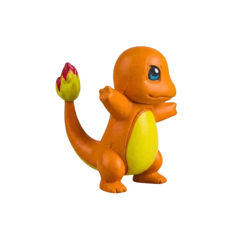 Figurine Salamèche Pokémon avec son ventre beige et sa flamme au bout de la queue.