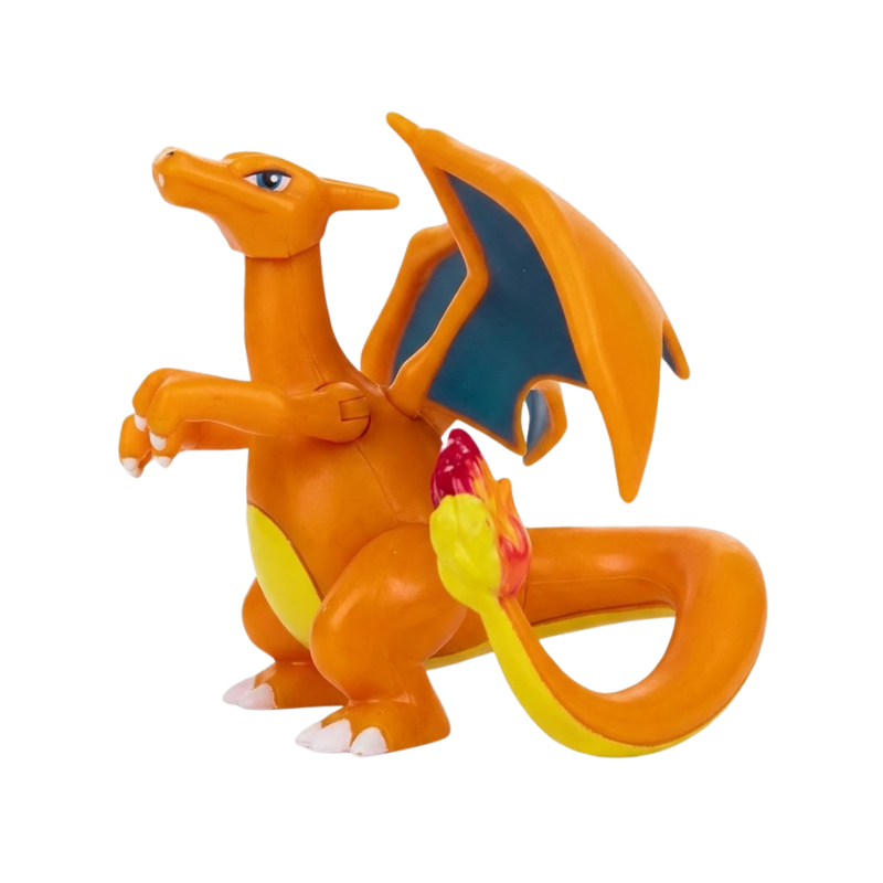 Figurine Dracaufeu Pokémon avec son corps orange et ses ailes bleues caractéristiques.
