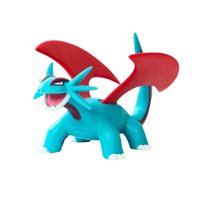 Figurine Drattak Pokémon bleue avec ses grandes ailes rouges et son apparence impressionnante.