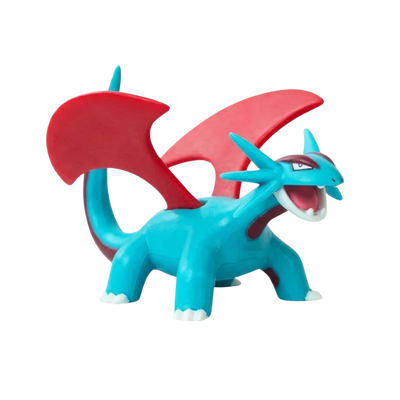 Figurine Drattak Pokémon avec son corps bleu robuste et ses ailes rouges majestueuses.