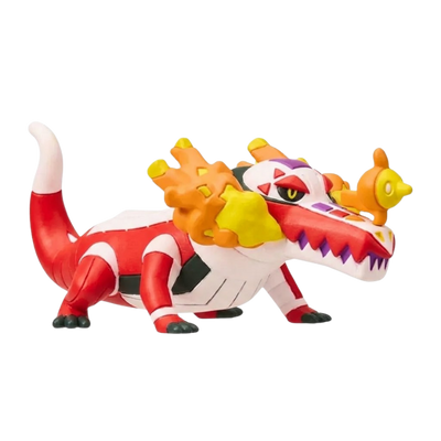 Figurine Flâmigator rouge inspirée du personnage emblématique de l’univers Pokémon.
