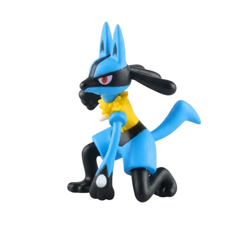Figurine Lucario Pokémon avec son corps bleu, ses marques noires et son allure de combattant.