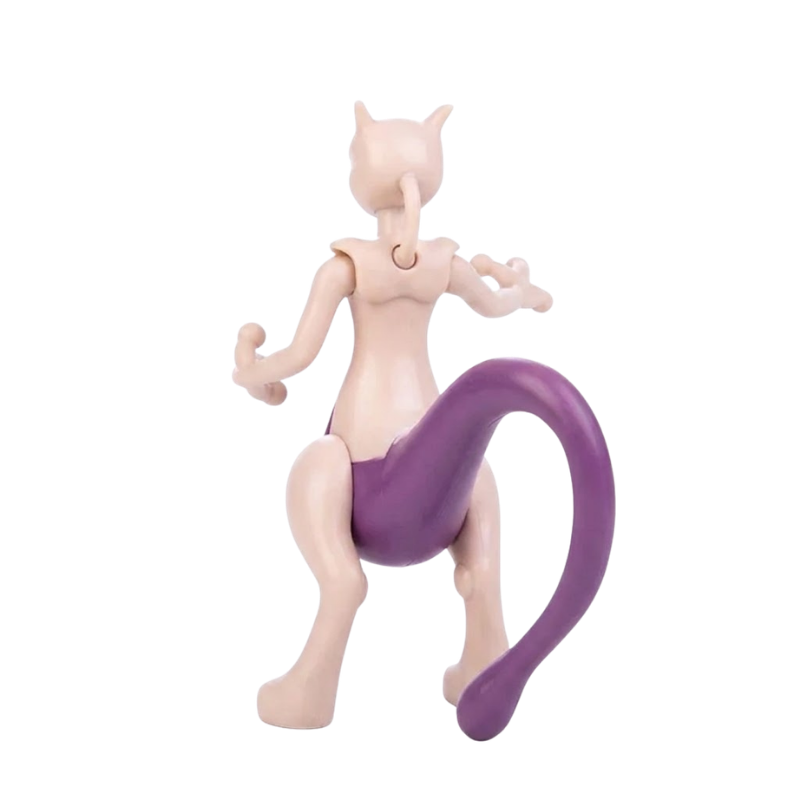 Figurine Mewtwo avec ses grandes mains à trois doigts et son apparence imposante.