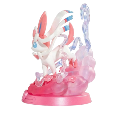 Figurine Nymphali Pokémon avec ses grandes oreilles et ses nœuds roses et bleus caractéristiques.