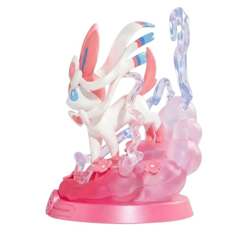 Figurine Nymphali Pokémon avec ses grandes oreilles et ses nœuds roses et bleus caractéristiques.