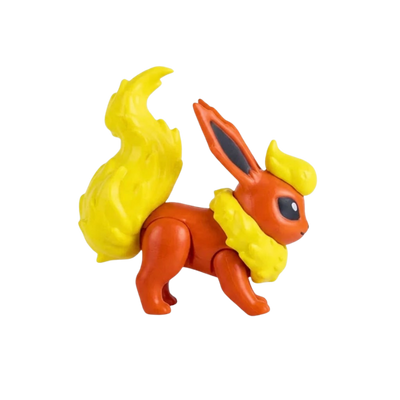 Figurine Pyroli Pokémon avec son pelage orange et sa collerette de fourrure crème.