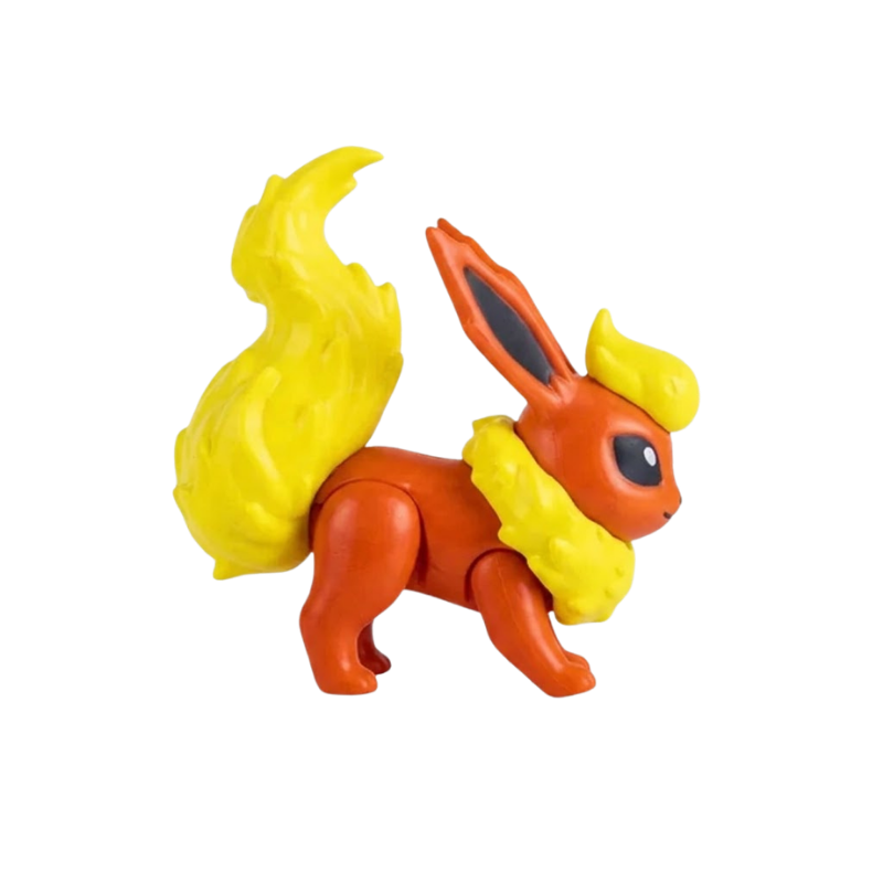 Figurine Pyroli Pokémon avec son pelage orange et sa collerette de fourrure crème.