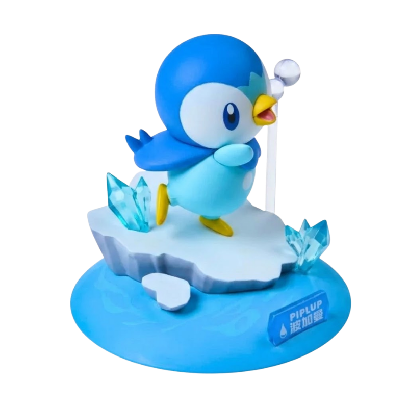 Figurine Tiplouf Pokémon avec son corps bleu et son petit bec jaune caractéristique.